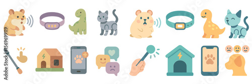 Pet technology icons depicting various devices and animals for tracking and monitoring pets' activities and health information