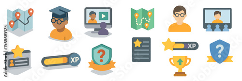 Educational icons showcasing online learning, gamification, and user engagement elements