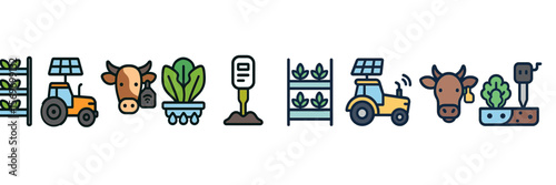 Colorful illustrations of farming activities showcasing tractors, livestock, and sustainable agriculture techniques