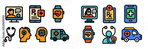 Innovative health tech symbols for telemedicine, AI, and mobile health apps in modern healthcare solutions
