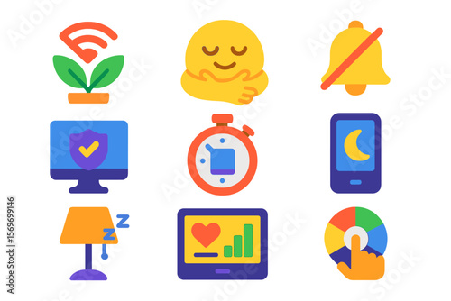Colorful digital icons representing various concepts and activities related to technology and lifestyle