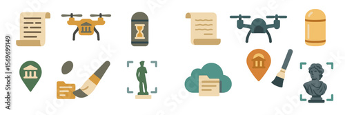 Collection of educational icons showcasing technology and history in a modern design for digital resources