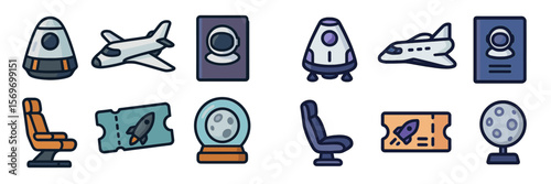 Exploration of space themed icons representing spacecraft, astronauts, and travel elements for educational and entertainment purposes