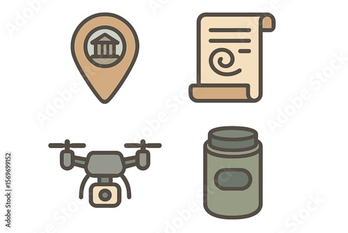 Exploring technology and culture with a drone, map marker, ancient script, and jar in a creative collage