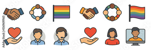 Diverse symbols representing community support, pride, and collaboration in a vibrant graphic display