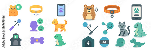 Colorful collection of animal and pet-related icons showcasing technology, care, and emotions