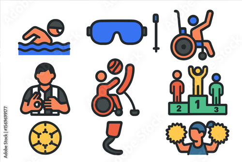 Various sports icons illustrating swimming, wheelchair basketball, refereeing, and cheerleading with a focus on inclusivity and activity