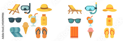 Summer beach essentials including sunglasses, hats, and snacks for a relaxing day by the water
