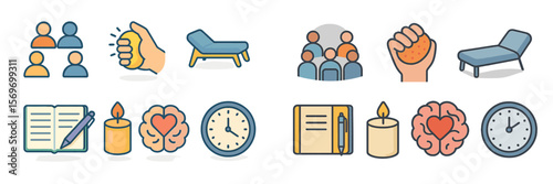 Icons depicting various activities and emotions related to mental health support and therapy sessions in a vibrant graphic style