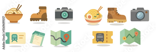 Colorful icons representing travel, food, and exploration in a creative design style