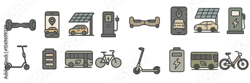 Electric vehicles and sustainable transportation options shown in various icons representing modern mobility solutions