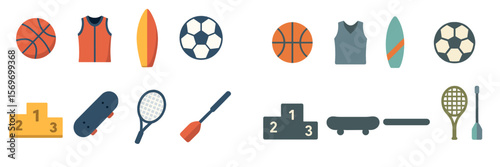 Collection of sports equipment and symbols at a recreational center highlighting various athletic activities
