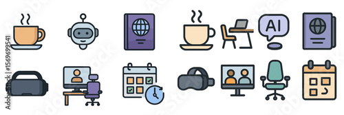 Digital workspace with virtual tools and coffee emphasizing remote work productivity
