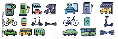 Vehicles and eco-friendly transportation icons showcasing modern mobility solutions
