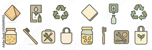 Eco-friendly icons for sustainable living and zero waste practices in daily routines
