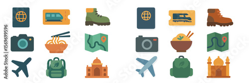 Travel icons showcasing various activities and landmarks ideal for journey planning and exploration in a colorful design