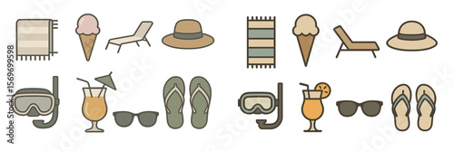 Collection of summer beach icons featuring essentials for fun in the sun at a tropical resort