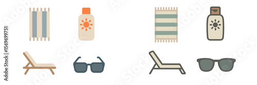 Beach essentials for a sunny day near the ocean with towels, sunscreen, and comfortable loungers