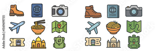 Travel icons collection representing various activities and essentials for adventurous journeys around the world