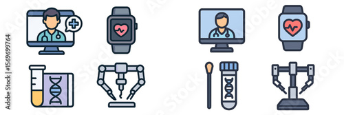 Health technology innovations showcasing telemedicine, biometric devices, and robotic assistance in modern healthcare settings