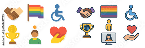 Symbols of inclusion and diversity featuring hands, awards, and icons representing various communities and identities