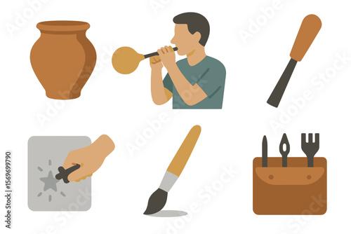 Creative artisans engage in traditional crafts, showcasing pottery, music, and tools in a vibrant workshop setting