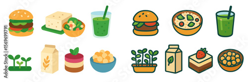 Healthy food icons showcasing various vegetarian dishes and beverages in a vibrant and colorful style for a culinary project