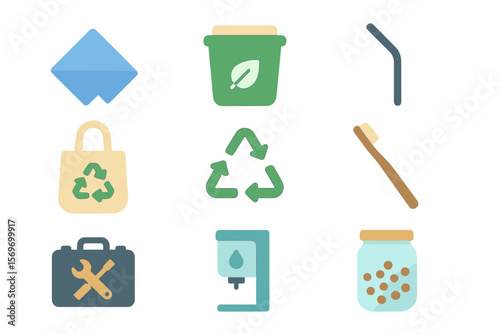 Eco-friendly symbols depicting sustainability practices in a modern design layout