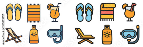 Colorful beach essentials illustration featuring summer items for relaxation and fun by the ocean