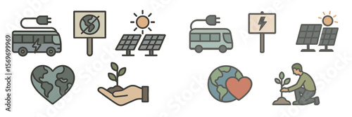 Icons representing renewable energy, sustainability, and eco-friendly practices in an urban setting