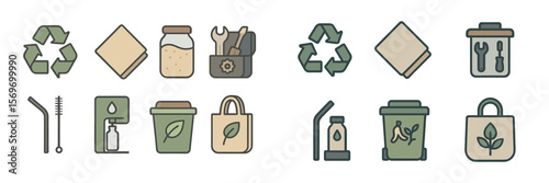 Sustainability and eco-friendly practices represented through various symbols and icons showcasing recycling and waste management