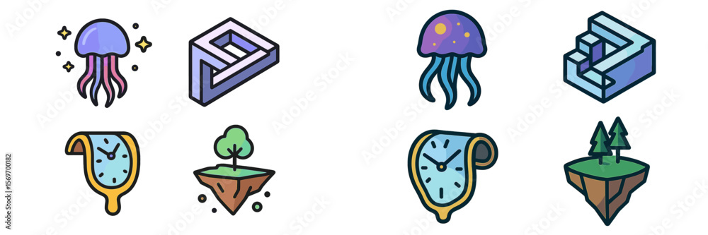Fototapeta premium Colorful illustrations of surreal objects and nature combining elements of geometry, time, and marine life in a whimsical style