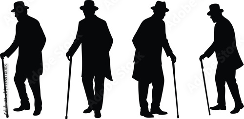 senior couple, old man with cane silhouette set. Elderly couple vector. senior citizens with walking canes.