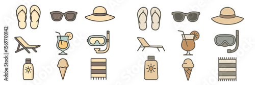 Essential summer vacation items arranged on a light background for a fun day at the beach or poolside