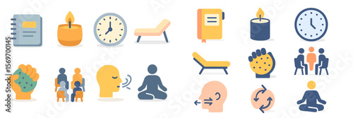 Icons representing mindfulness practices and time management techniques for personal development and relaxation