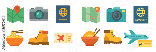 Essentials for planning a memorable travel adventure including maps, cameras, and local cuisine at a bustling destination