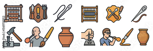 Craftsmen engaged in various artisan activities showcasing traditional skills in a creative workshop setting