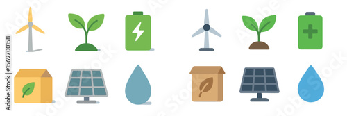 Graphic illustration depicting renewable energy symbols including wind turbines, batteries, and solar panels in a harmonious layout