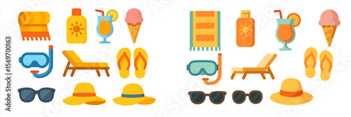 Summer beach essentials featuring colorful items for a relaxing day by the ocean