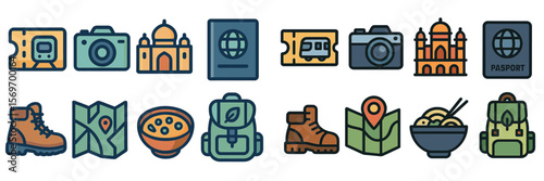 Iconic travel symbols representing adventure, exploration, and cultural experiences in various destinations