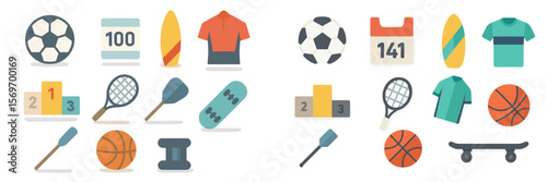 Colorful collection of sports icons showcasing various athletic activities and apparel in a playful design