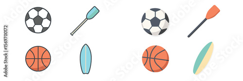 Various sports equipment icons showcasing soccer, basketball, rowing, and surfing in a minimalist design