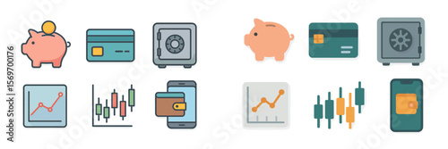 Financial icons representing saving, investing, and digital transactions in a modern design