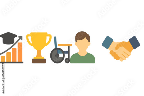 Symbols of achievement and inclusivity highlighted through icons representing education, success, accessibility, and collaboration