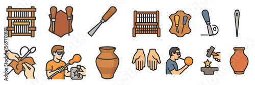 Various tools and crafts seen in traditional artisan workshops highlighting craftsmanship from leather to pottery