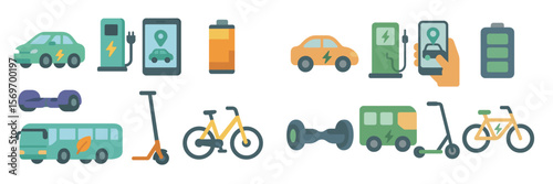 Electric vehicles and charging options displayed with various eco-friendly transport modes