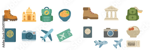 Travel essentials featuring backpacks, boots, and iconic landmarks in a colorful design for adventure seekers