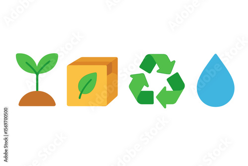 Icons representing sustainability, nature conservation, recycling, and water preservation concepts for eco-friendly practices