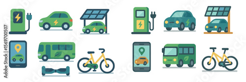 Electric vehicles and sustainable transport options illustrated in a modern design