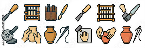 Crafts tools and pottery making displayed creatively in a simple layout